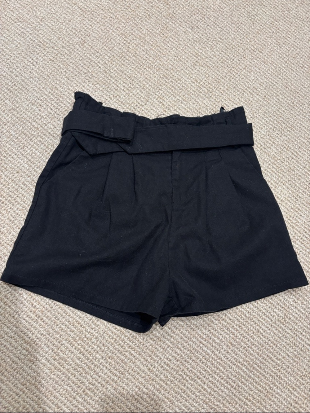 She + Sky Black High-Waist Belted Paperbag Shorts